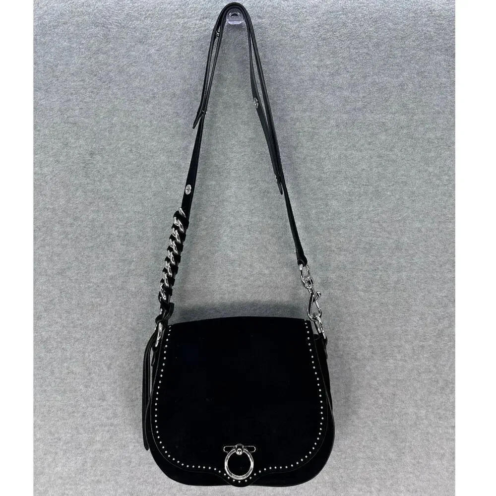 Rebecca Minkoff Large Jean Saddle Bag Black Suede BOHO Western Silver Accents
